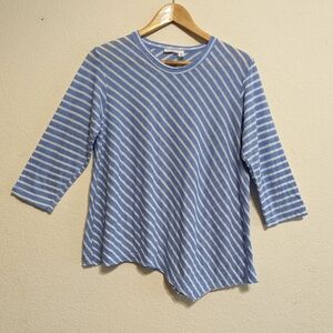 WILT Blue White Striped Asymmetric Step Hem Long Sleeve Shirt. USA made. Small